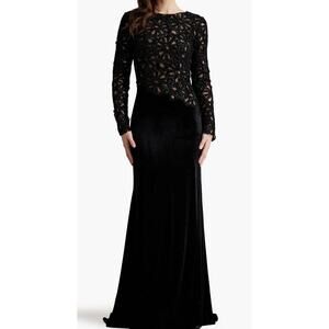 Tadashi Shoji Sequin Lace Bodice Long Sleeve Velvet Gown black/nude NWOT